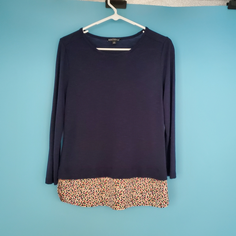 J. Crew Blouse Size Small Navy Blue with Floral Planel